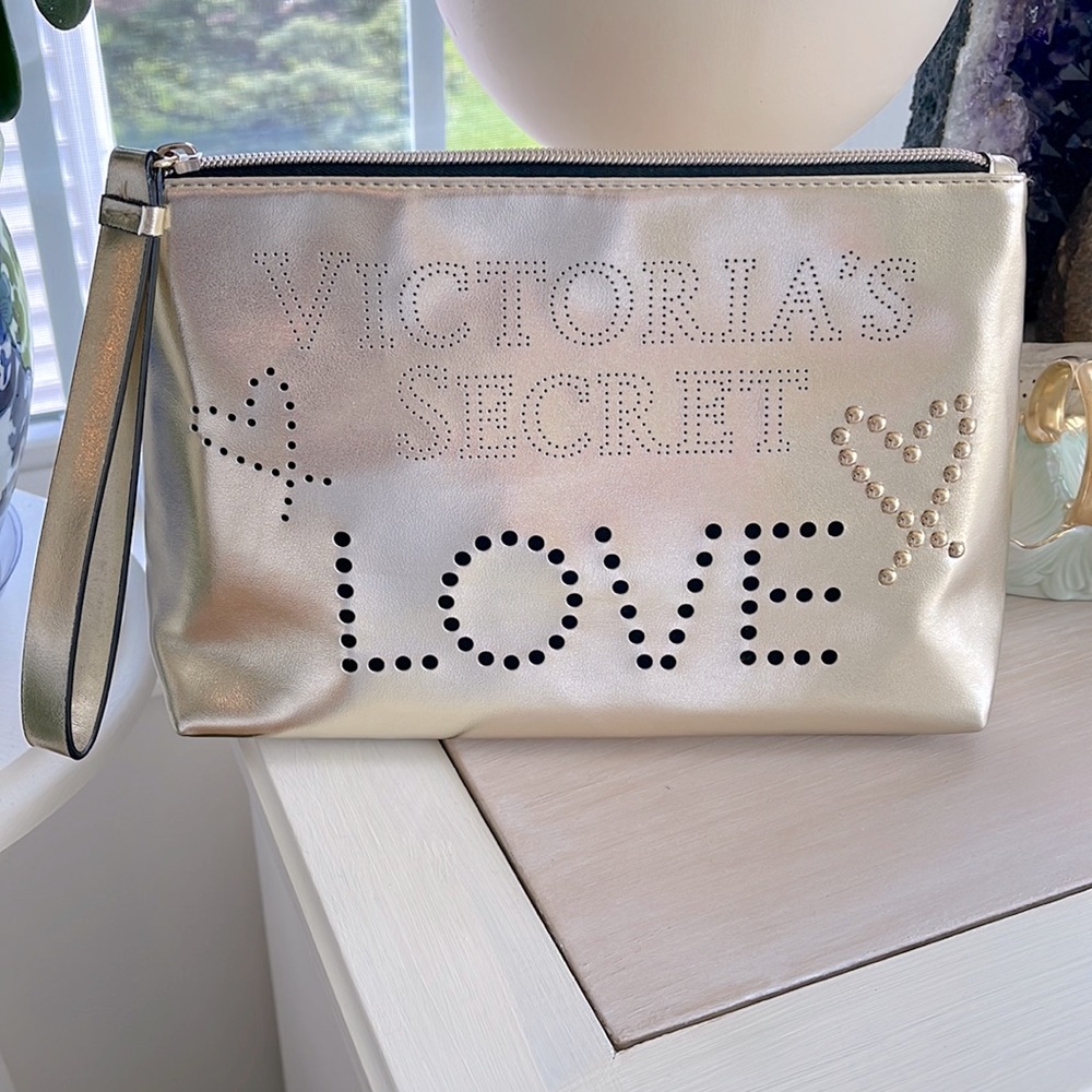 Victoria's Secret gold metallic zippered cosmetic bag